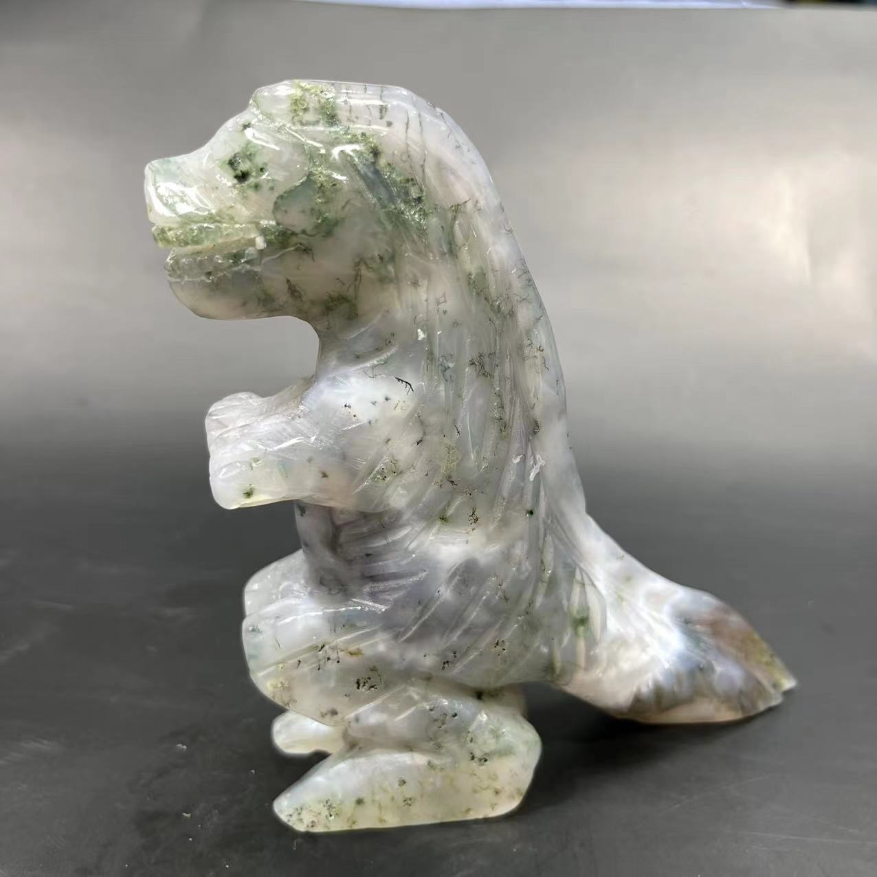 Moss agate Dinosaur carving
