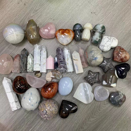 NB healingcrystal $22.99 fun basket get 1 K2 egg and 1rosequartz heart and 5small tower etc